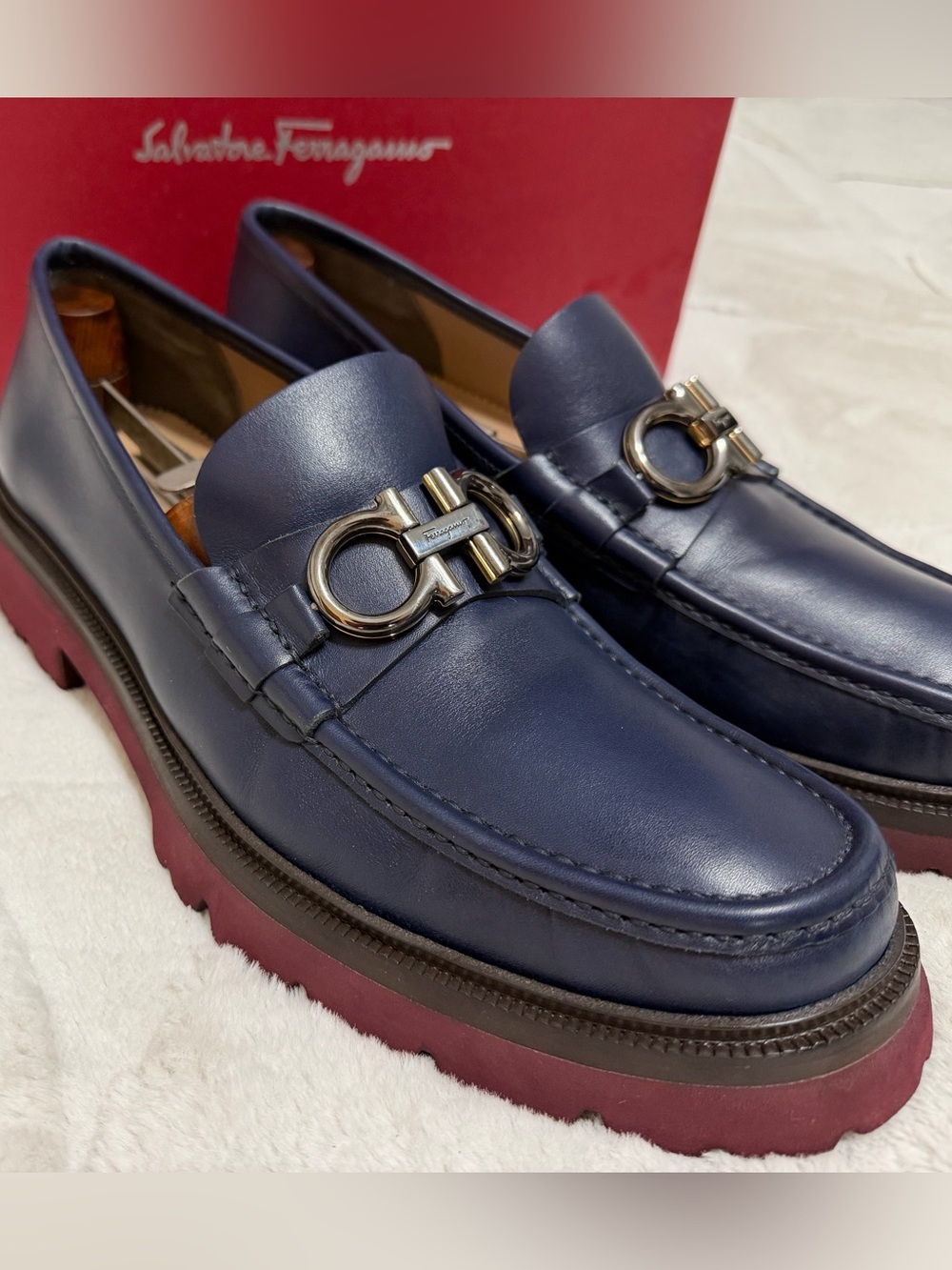 NEW! $1,090 Ferragamo Navy Leather Giant Gancini Bit Platform Loafers 12 D